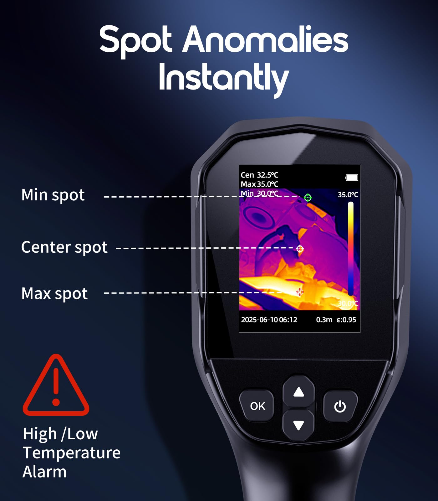 Flagfront Thermal Camera, 240 x 240 TISR Resolution, -4°F to 1022°F Temp Range, 25Hz Infrared Camera with Temperature Alarm, 50°FOV Handheld Thermal Imaging Camera
