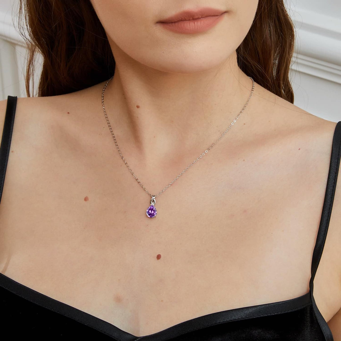 VOLUKA Teardrop Crystal Pendant Necklace, Created Purple Amethyst, 18K White Gold Plated Chain, 17.5+2 Inch Adjustable, 8x10mm Pear Stone