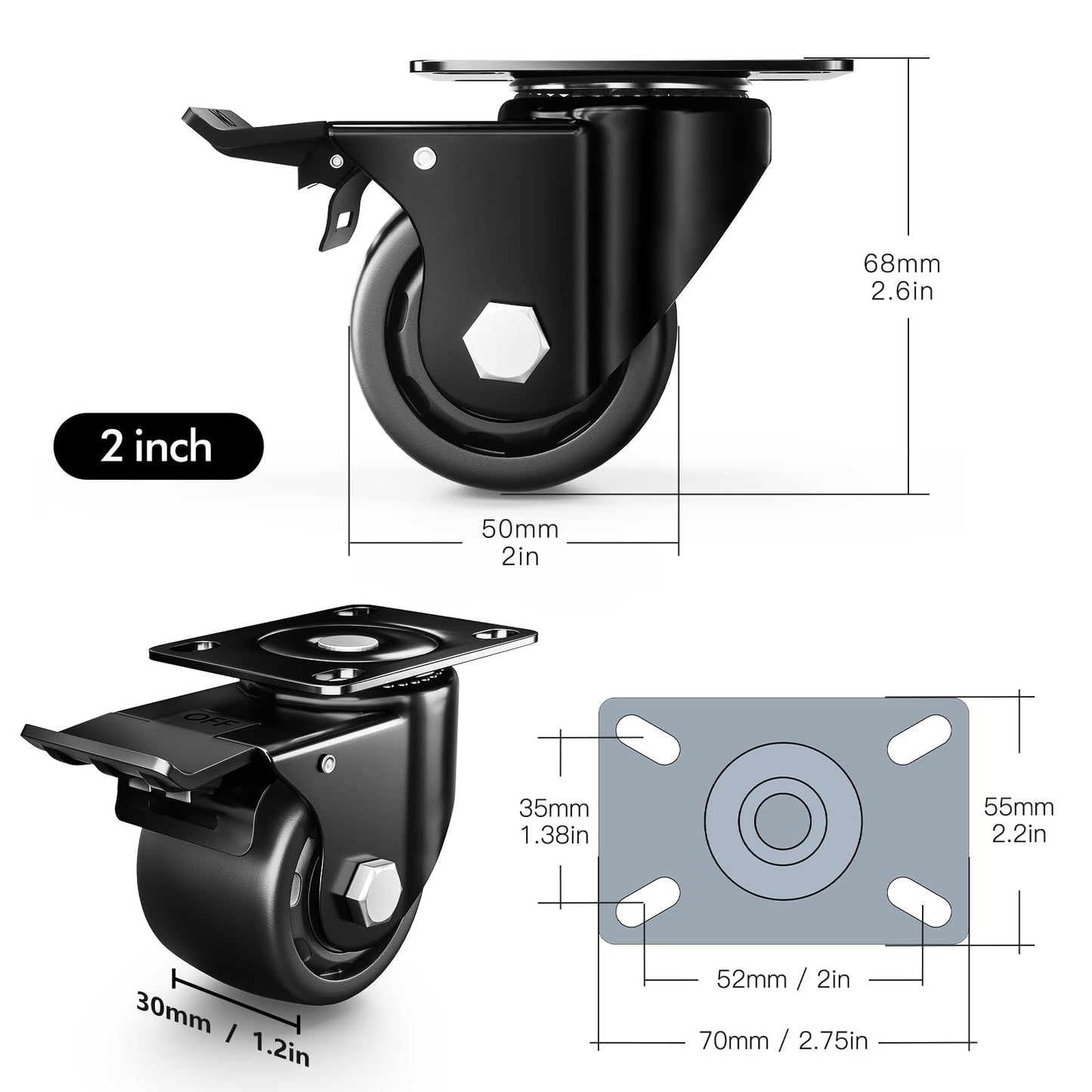 ANDUTEES 2 Inch Caster Wheels, Casters Set of 4, Heavy Duty Casters Load 2200lbs, Locking Swivel Plate Industrial Casters, Low Gravity Center Castor for Furniture and Workbench