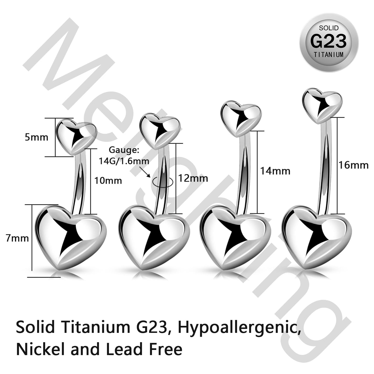 Melighting Titanium Belly Button Ring 14G Heart Belly Ring Internally Threaded G23 Titanium Navel Piercing Hoop Navel Barbell Body Piercing Jewelry 12 mm