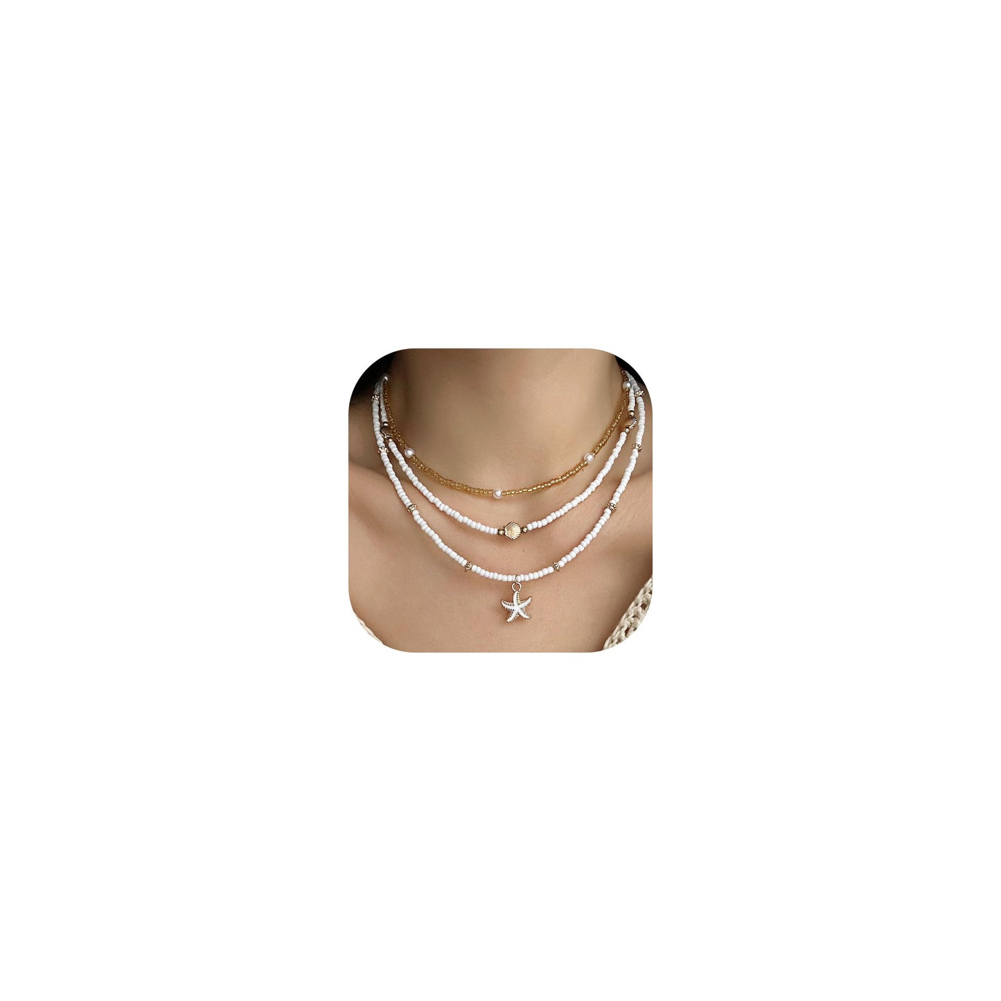 Gold Starfish Shell Necklace for Women Boho Layered Seashell Conch Shell Pearl Pendant Necklaces Set Bohemain Starfish Beach Necklaces Stack Beachy Summer Jewelry Outfits Accessories