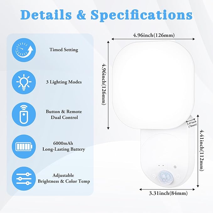 Yochoice Rechargeable Battery Operated Wireless LED Wall Light with Remote Control, Motion Sensor Light Indoor with Adjustable Angle, Battery Powered Wall Sconce for Closet Bedroom Garage Hallway