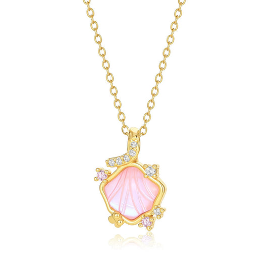 Pink Resin Seashell Necklace-Gold Plated CZ Shell Necklace Mother Of Pearl Beach Jewelry For Women Valentine's Day Mother's Day Christmas Birthday Gifts