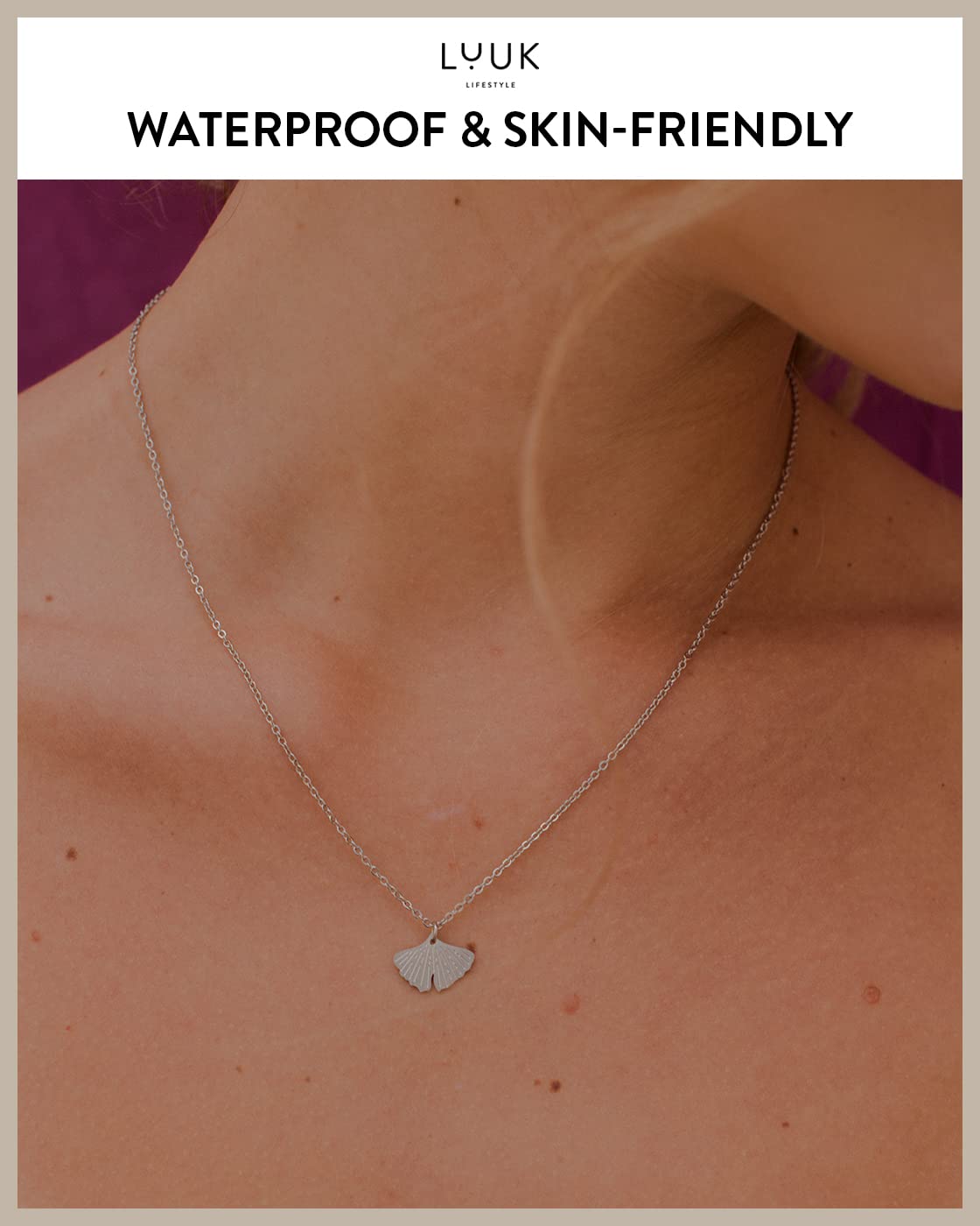 LUUK LIFESTYLE Necklace for women in stainless steel with ginkgo leaf pendant and HAPPINESS gift card, gift idea, 19” chain length, symbol of nature and serenity, zen jewelry for women, silver