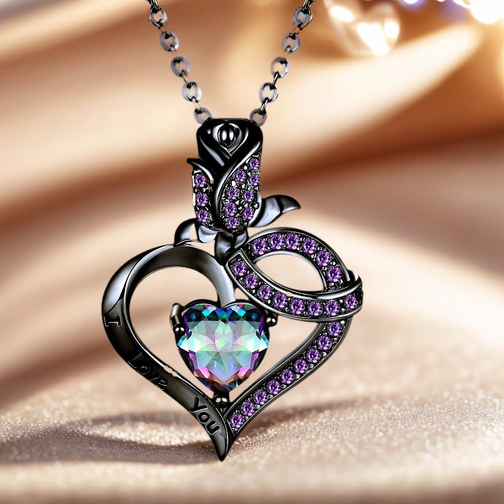 VOLUKA Gothic Heart Jewelry Set for Women, Black Gold Plated Necklace and Earrings with Purple Created Amethyst Crystal, Romantic Rose Flower Design for Wedding Engagement