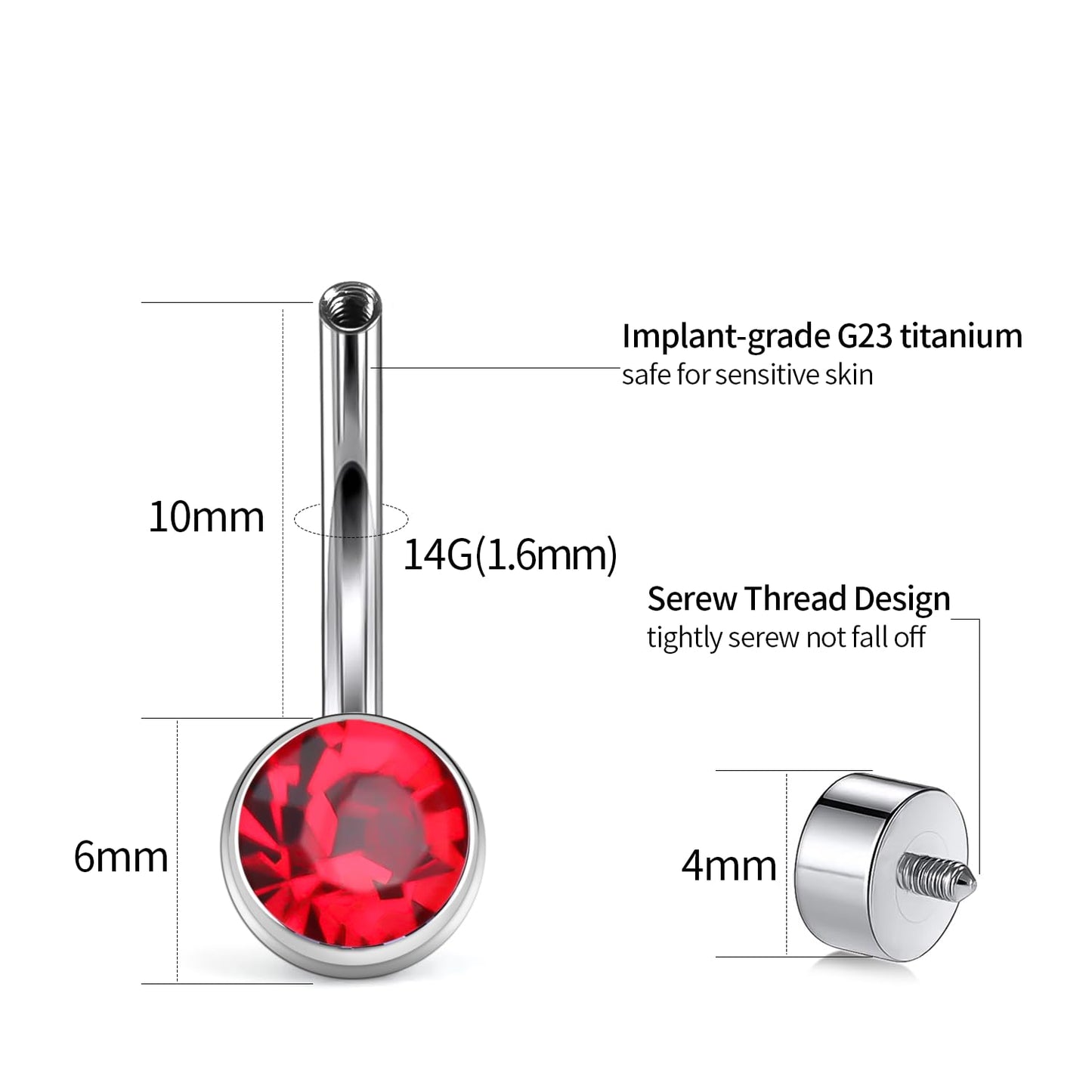 XUU Titanium Belly Button Rings, Black & Silver – 14G Internally Threaded Navel Piercing Jewelry, 10mm & 12mm Curved Barbells with 7 Colors Gems – Hypoallergenic (Silver-Red cz, 10MM)