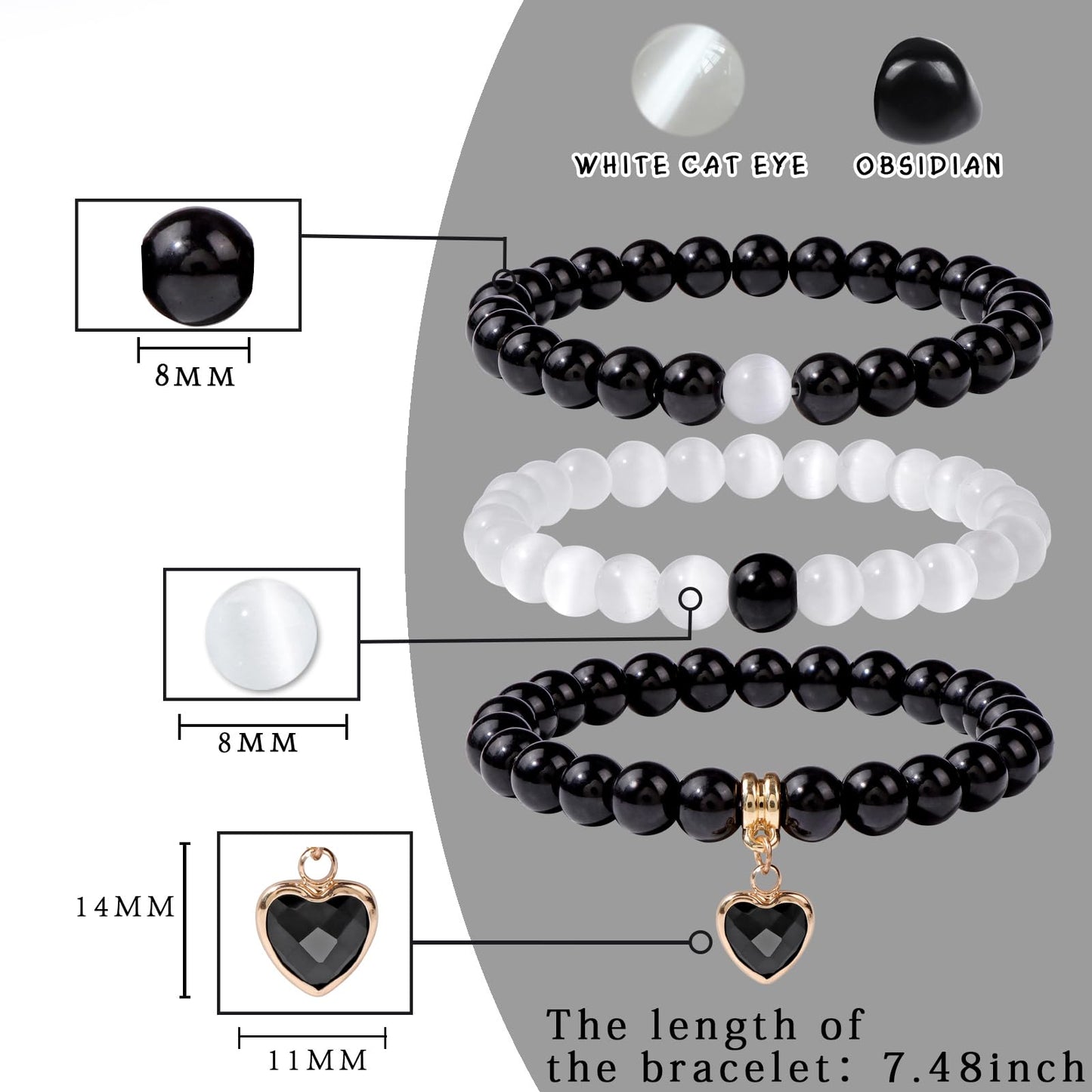 Vinswet Healing Crystal Beaded Bracelets for Women,Natural Amethyst Gemstones Bracelet,Anxiety Stress Relief Heart Charm Bracelet Handmade purple Jewelry Gifts for Women (Black agate&Moonstone)