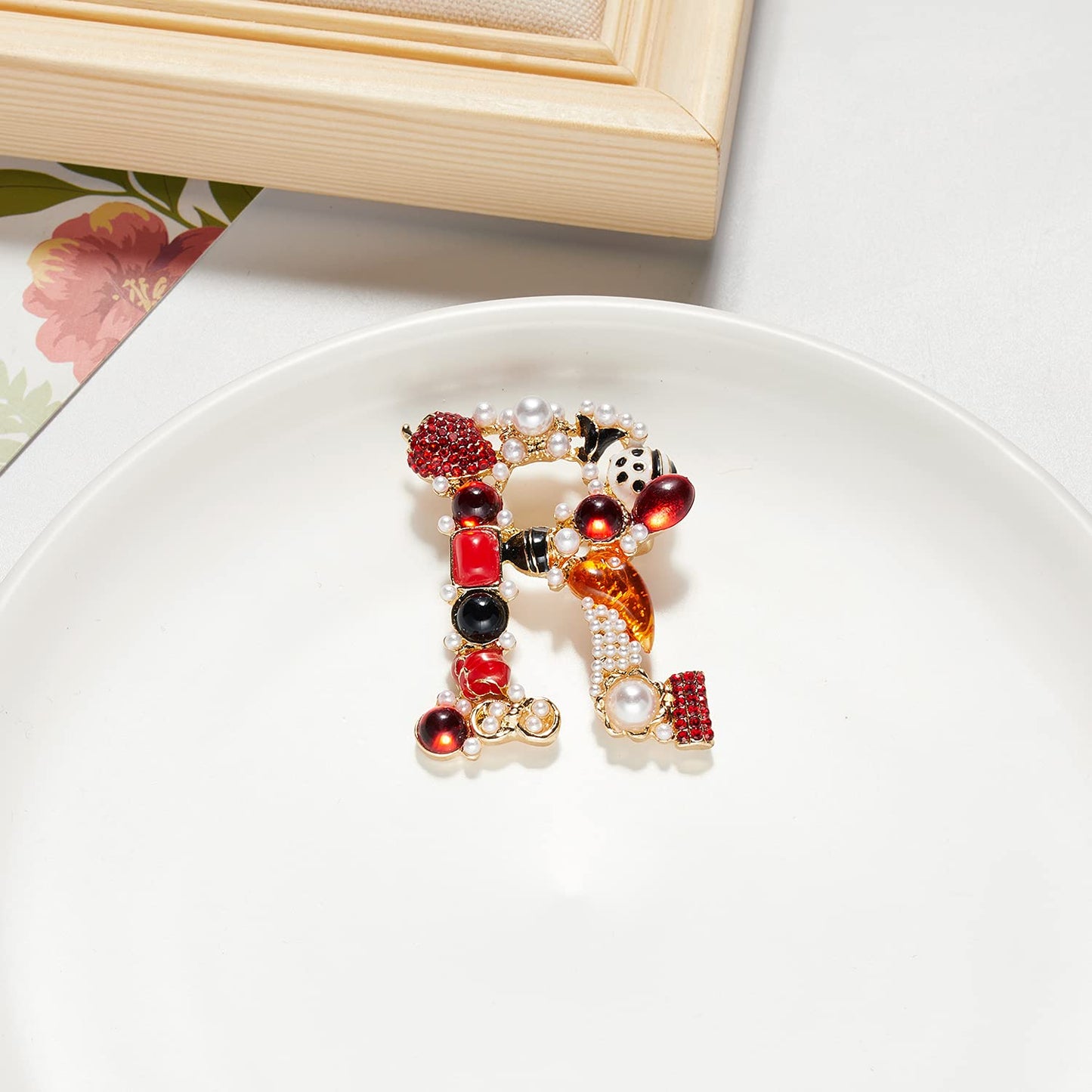 RINHOO Crystal Pearl Initial Brooch Gold Plated Enamel Colorful Letter Alphabet Breastpin Pin Jewelry for GIFTS (Letter -R)