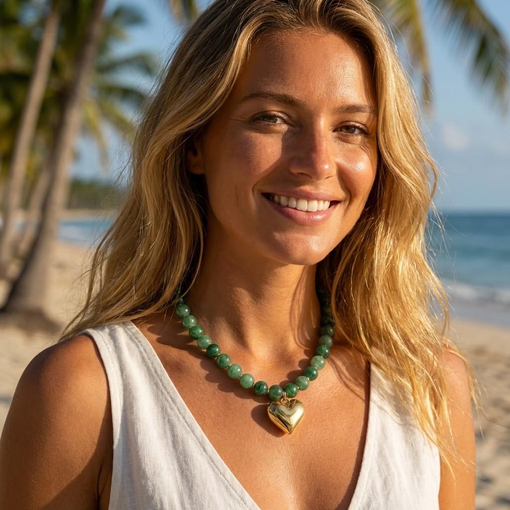 Frigotine Chunky Heart Necklace for Women, Green Acrylic Resin Beaded Choker with Gold Puffy Heart Pendant, Trendy Statement Jewelry Gift