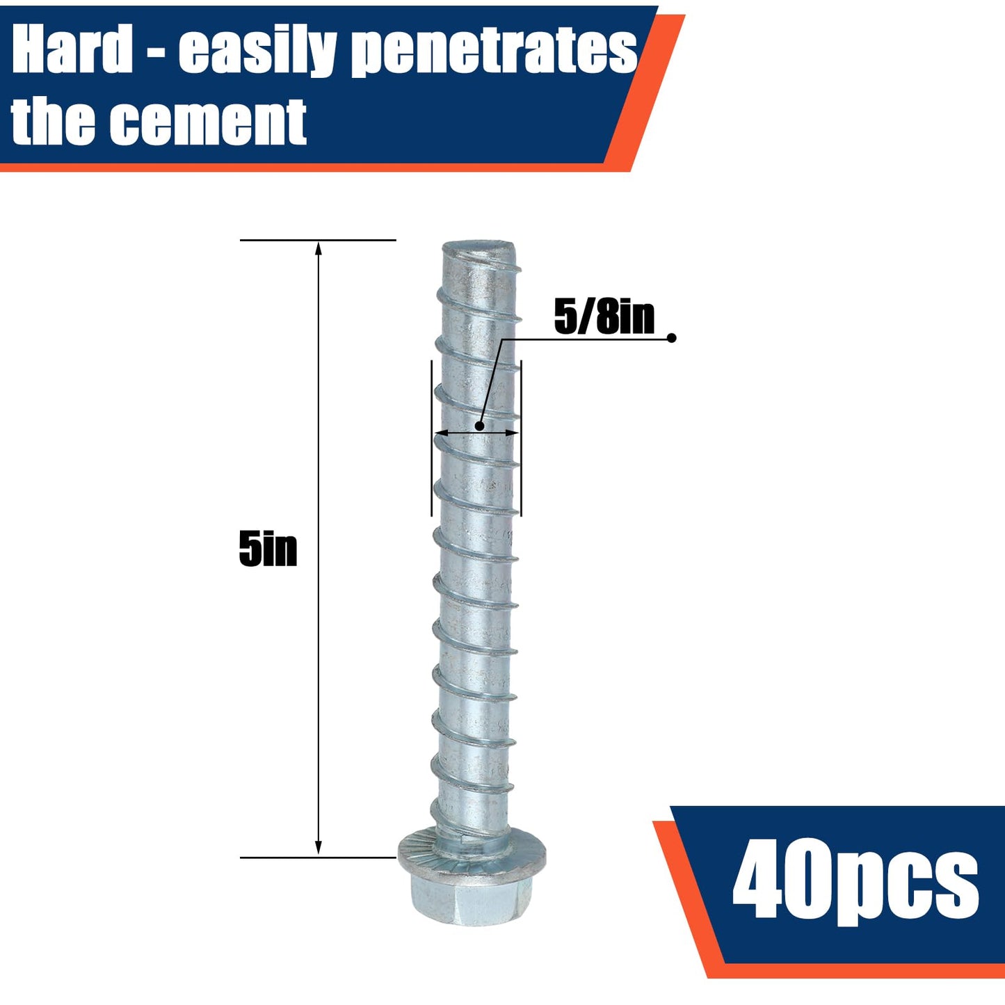 Tandefio 40 Pack 5/8" x 5" Concrete Screw Anchors Galvanized Large Diameter Heavy Duty Plated Concrete Anchors for Masonry Brick Anchoring Block Decking Framing Hex Drive