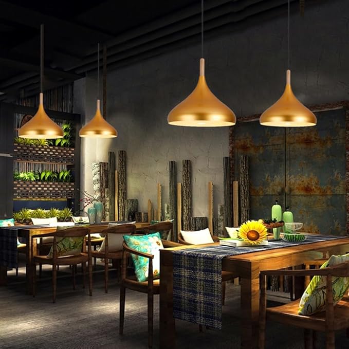 Creative Colorful Wood Metal Pendant Light, Nordic Modern Hanging Light Fixture, Single Rustic Farmhouse Pendant Lamp, Simple Retro Pendant Lighting for Kitchen Island Dining Table (Yellow,16.5in)