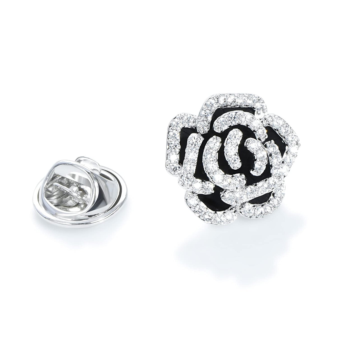 Elegant Crystal Blooming Rose Flower Brooch Lapel Pin Breastpin for Women Birdal Cardigan Hat Scarf Suit Sweater Floral Pins (Silver Rose Pin)