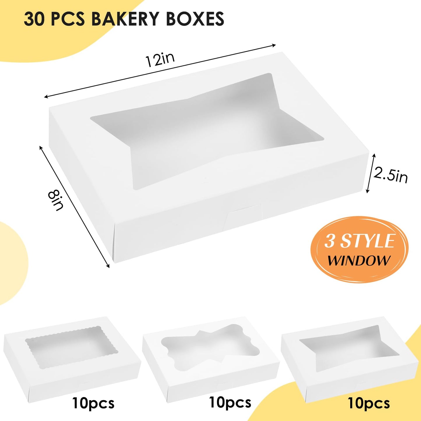 Moretoes 30pcs Auto-Popup Cookie Boxes, 12x8x2.5 Inches Bakery Boxes with 3 Style Windows for Chocolate Covered Strawberries, Donuts, Pastries,Cake Pops