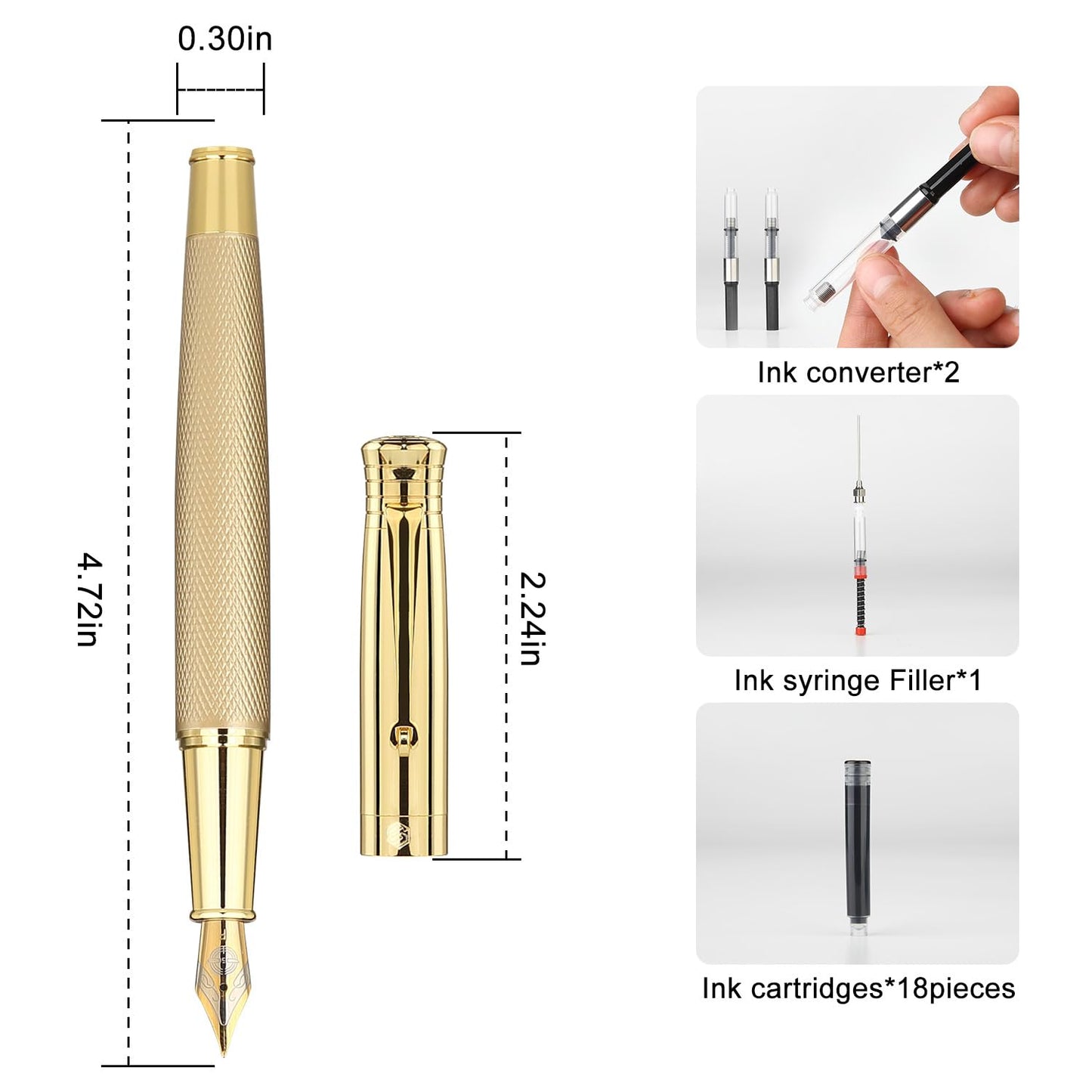 GC QUILL Fancy Fountain Pen Set – Fine and Medium Nibs, 18 Ink Cartridges, Ink Converter, Syringe Filler, Luxury Pen Gift for Men Women, Nice Pen for Writing Journaling (Gold)