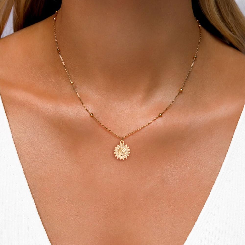 BSGRL Gold Necklace for Women: 14K Gold Plated Dainty Sunflower Necklace 16.5”+2” ext