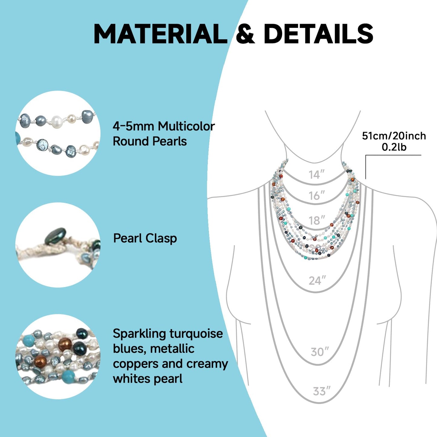 Handmade BOHO Freshwater Pearl Necklace - Pearl Clasp with 4-5mm Multicolor Round Pearls, 20" with Turquoise Multiple Strands Baroque Luxury Jewelry Gift
