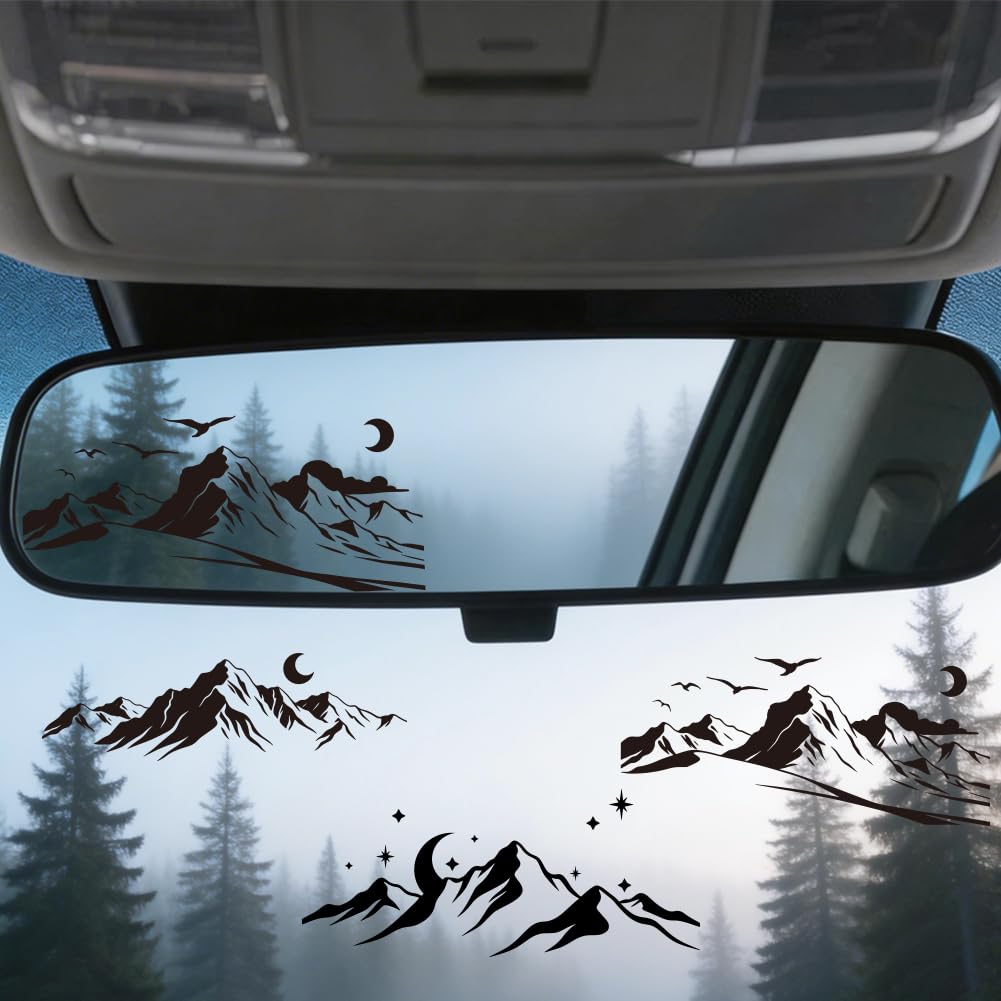 Pressinart 6Pcs 3 Styles Rear View Mirror Decal Mountains 1.97 X 3.94 Inch Car Rear View Stickers For Cars Truck Mountain Moon W