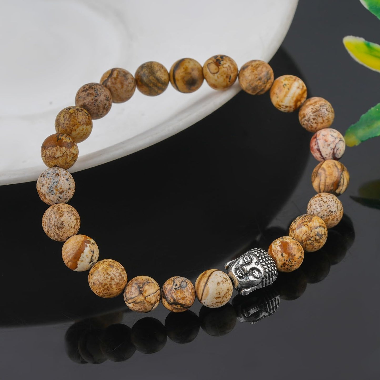 CRYSTALINES Buddha Charm Stretchable Braceclet, Natural Picture Jasper Gemstone Beads, Plain Round Stones, Handmade Boho Strech Bracelet, Adjustable Spiritual Healing Crystal Unisex Jewelry Gift