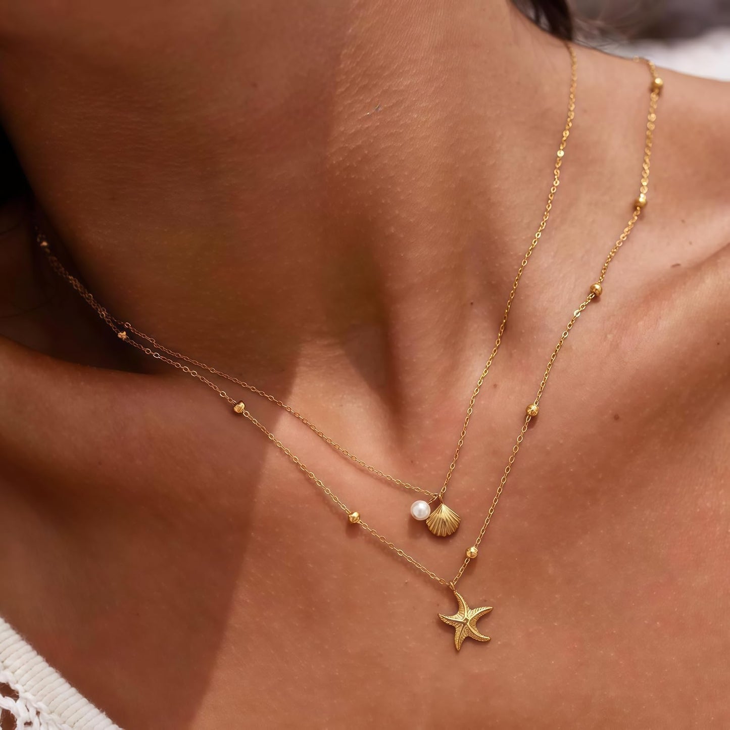 Shell Starfish Necklace for Women, 14k Gold Plated Boho Layered Beaded Charm Pendant Necklace, Dainty Adjustable Pearl Conch Summer Beach Vacation Jewelry Gifts(Shell&Starfish)