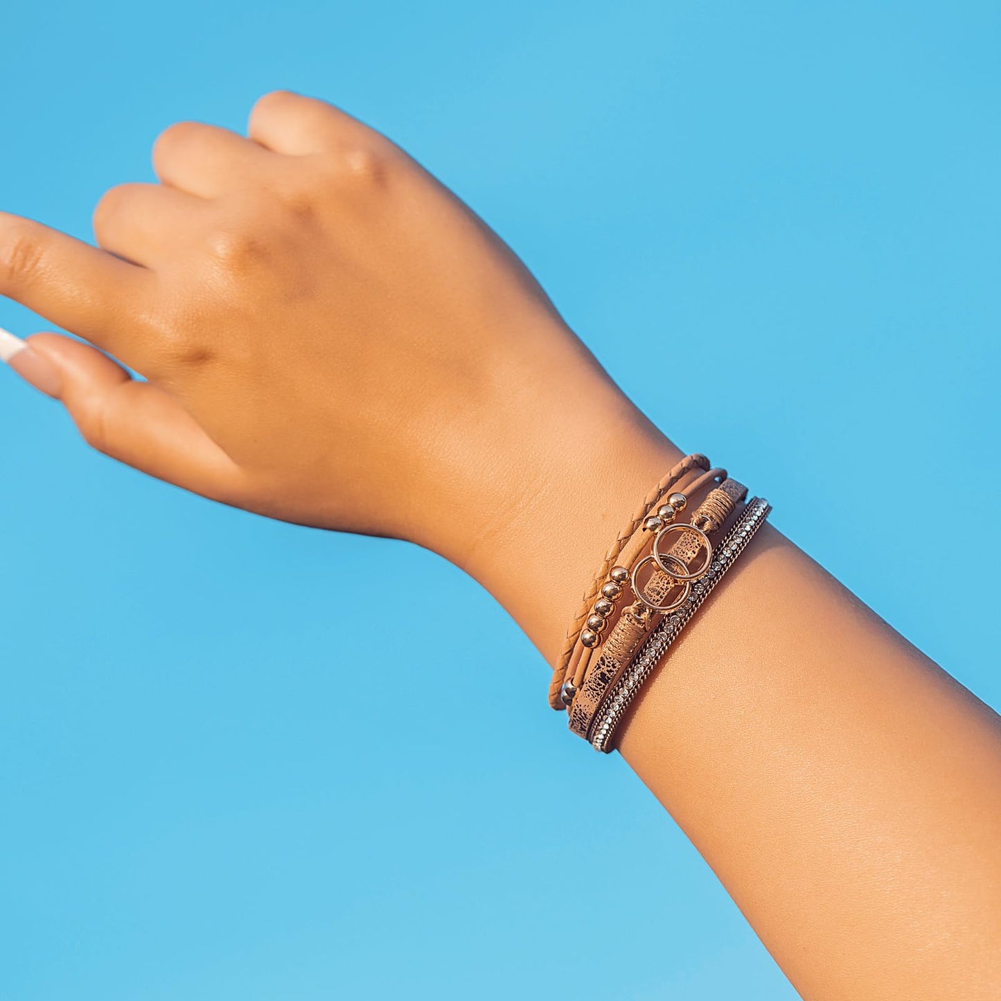 FANCY SHINY Boho Leather Wrap Bracelet Stackable Beaded Infinity Chunky Cuff Bracelets with Magnetic Clasp Western Hippie Outfits Jewelry Gifts for Women(Brown)