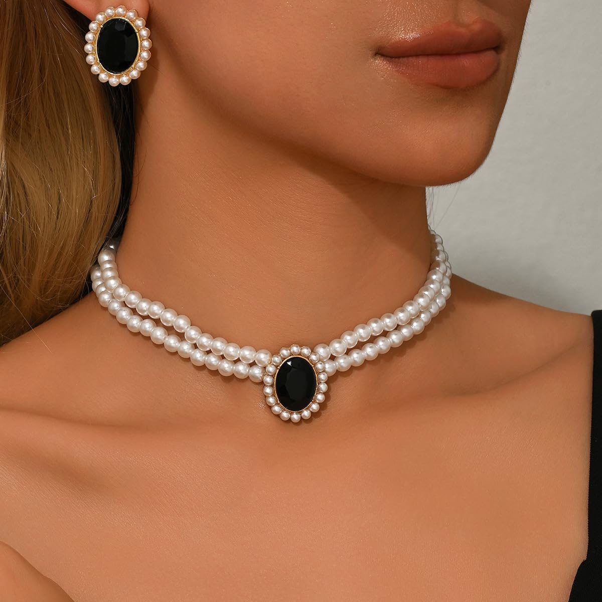 CSIYANJRY99 Pearl Necklace and Earring Set Faux Pearl Jewelry Sets for Women Imitation Beaded Pearl Necklace Bracelet Stud Earrings for Women（BK）