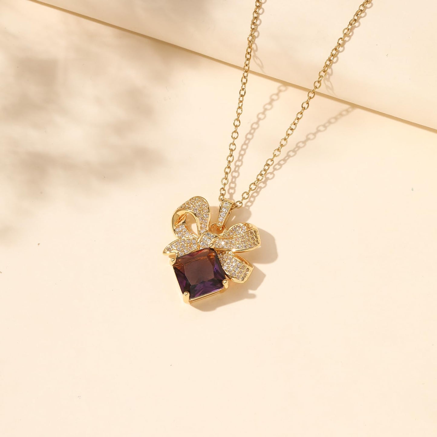 Purple Baroque Square February Birthstone Amethyst Bow Necklace for Women-Gold Plated Amethyst Pendant Waterproof Non Tarnish Maximalist Jewelry Necklace Birthday Valentines Day Mother's Day Christmas Thanksgiving Gifts
