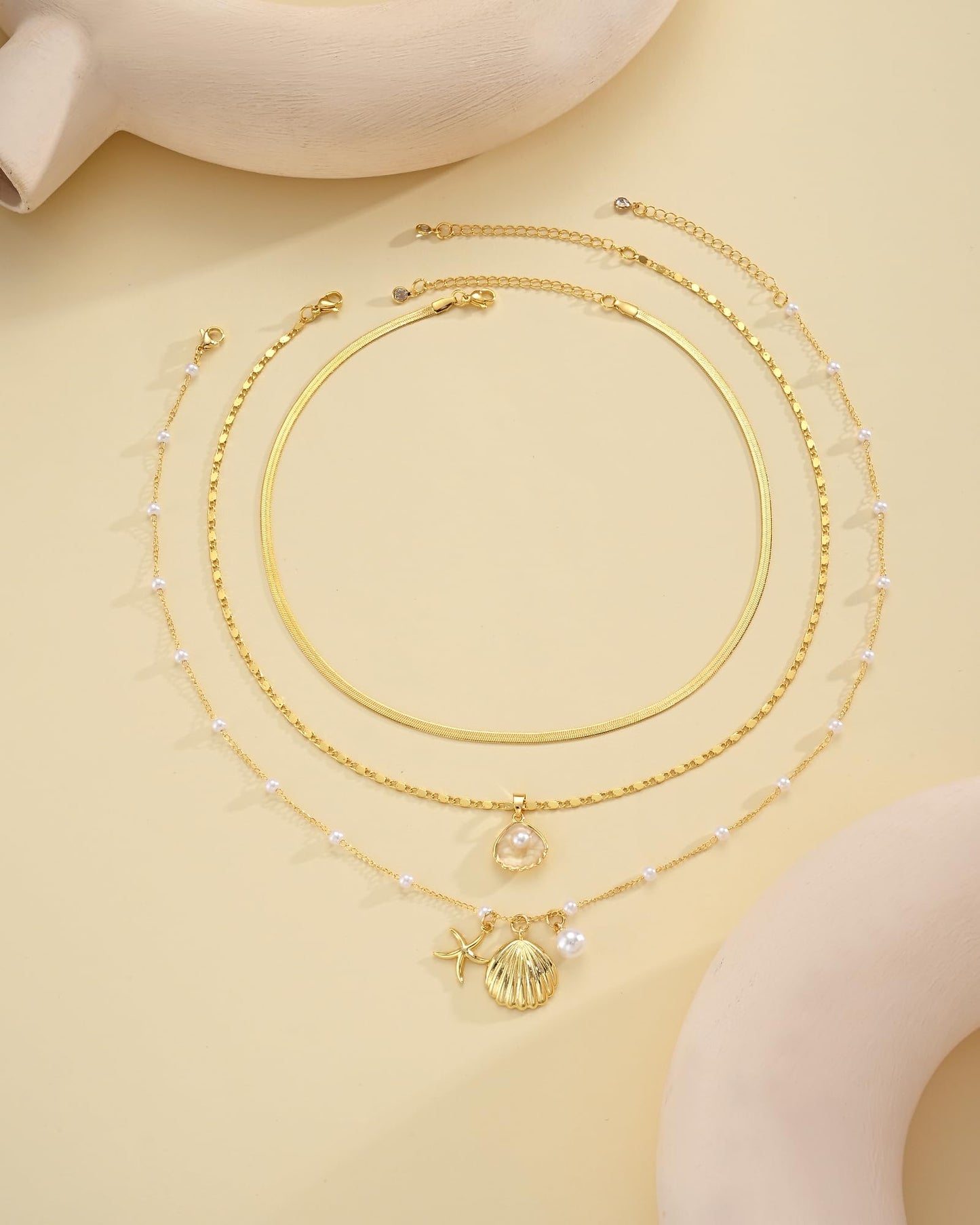 iF YOU Gold Necklace for Women, Layered Gold Seashell Necklace Set, Beach Themed Charm Necklace with Starfish and Flower Pendants, Dainty Gold Jewelry for Women (GOLD-01)