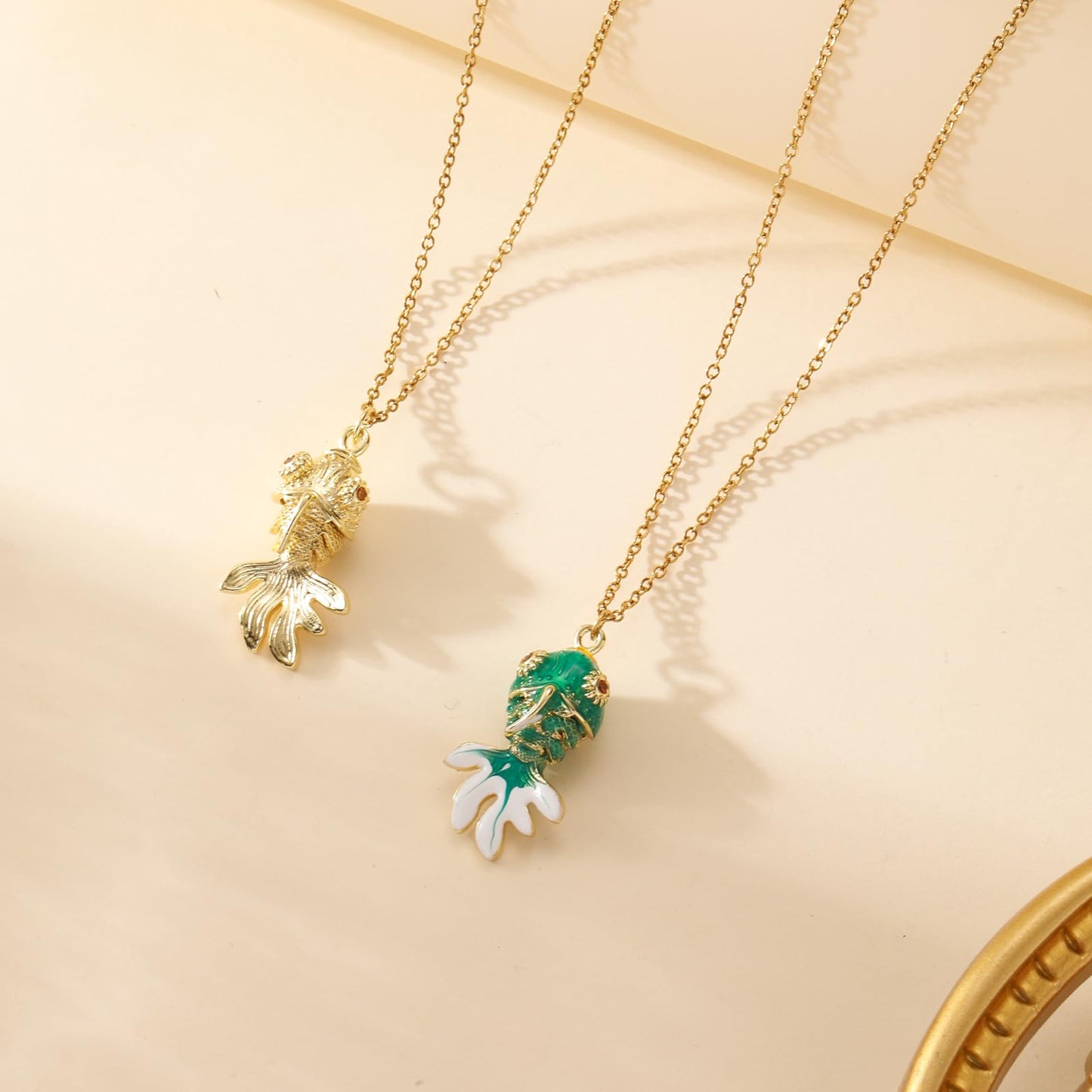 AUMRET Vintage Green Enamel Gold Fish Necklace For Women-Gold Plated Koi Fish Necklace With Ruby Eyes For Birthday Valentines Day Mother's Day Christmas Gifts