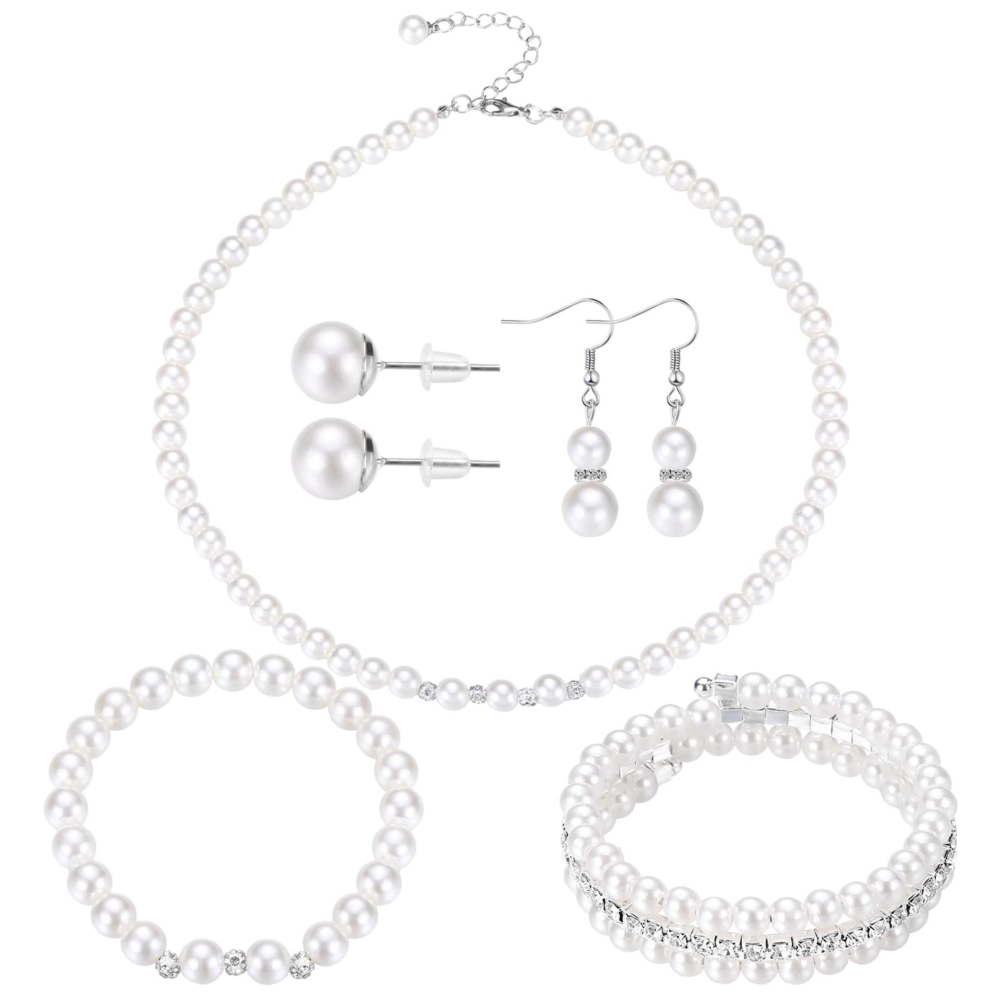 Glenmal Pearl Rhinestone Jewelry Set for Women Pearl Necklace Bracelet Earrings for Wedding Birthday Bridal Shower Tea Party (Novel Style)