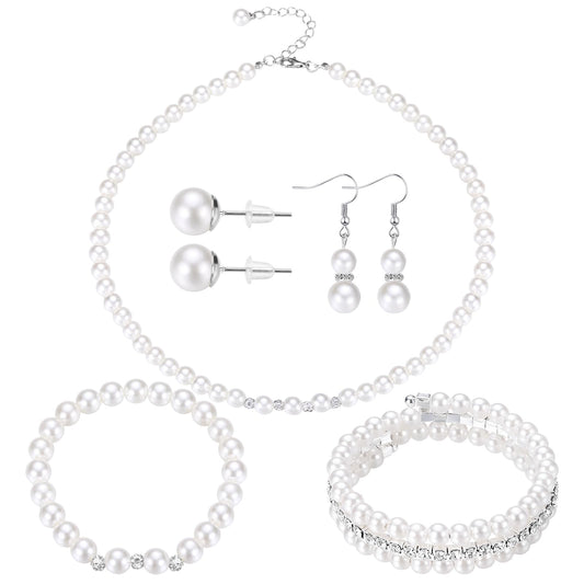 Glenmal Pearl Rhinestone Jewelry Set for Women Pearl Necklace Bracelet Earrings for Wedding Birthday Bridal Shower Tea Party (Novel Style)