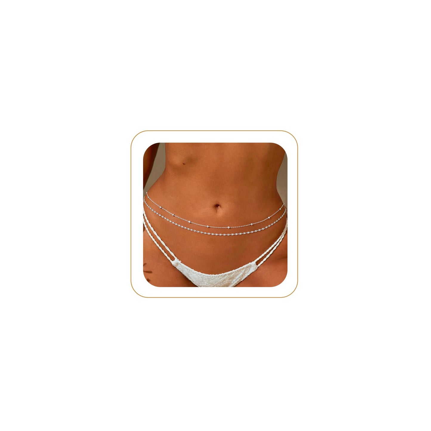 MOODEAR 925 Sterling Silver Waist Chain for Women – Double 2PC Belly Bead Body Chain Belt, Spacer Beads & Lip chain Design, Waterproof Summer Beach Jewelry for Bikini, Dress & Vacation