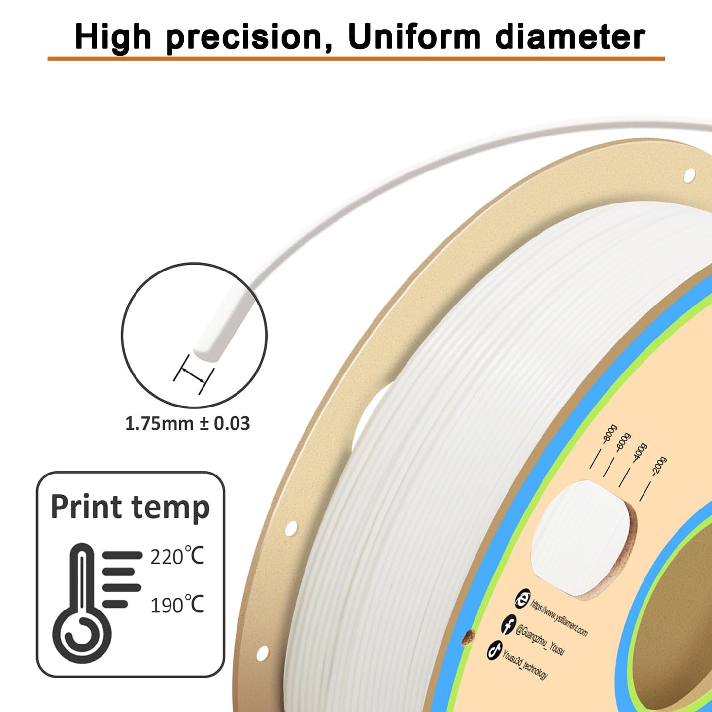 YOUSU Flexible TPU 3D Printer Filament， White TPU Filament 1.75mm 1kg, Dimensional Accuracy +/- 0.03 mm, 95A Shore Hardness and Good Layer bonding Performance.