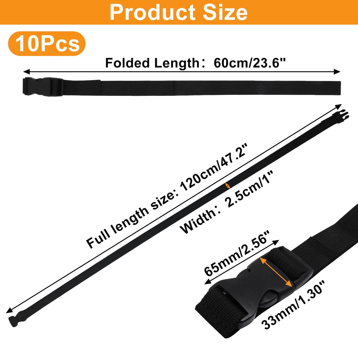 S SYDIEN 10Pcs Tie Down Straps Black Adjustable Nylon Strap with Buckles 1" x 47" (3.9ft) Straps with Quick Release, Lashing Strap for Backpacking, Outdoor Activities