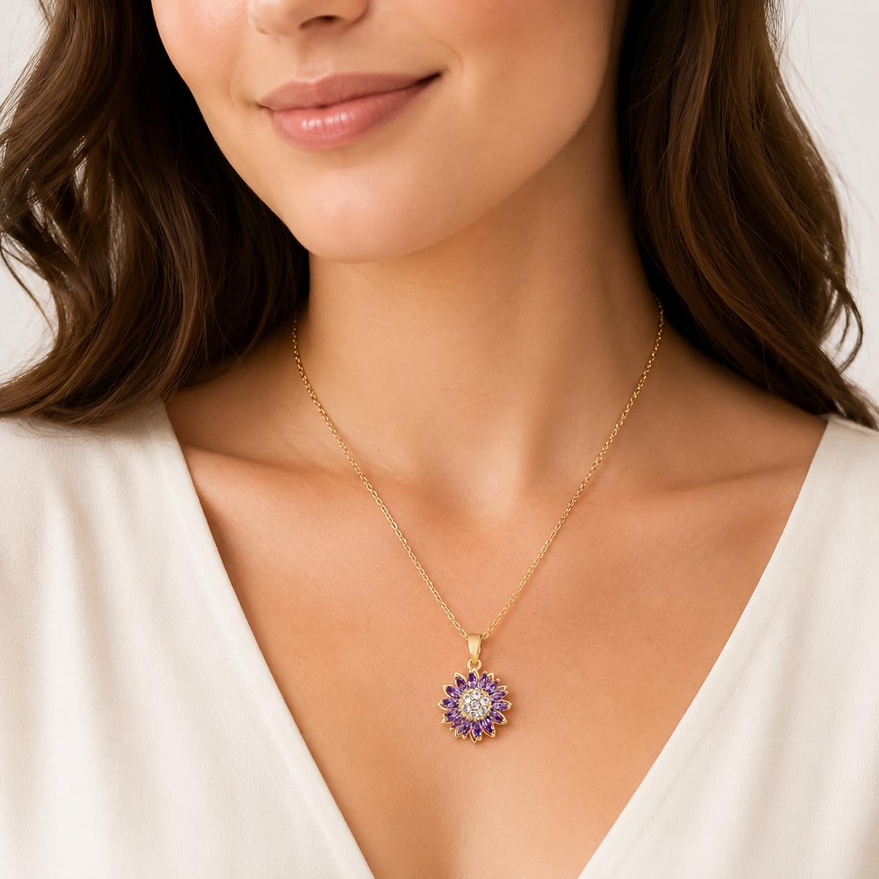 KONPJE Sunflower Fidget Necklace for Women Gold Moon Necklace Rotating Heart Necklaces Spinning Crystal Flower Anxiety Necklaces Crescent Moons Jewelry Accessories (Gold Purple)