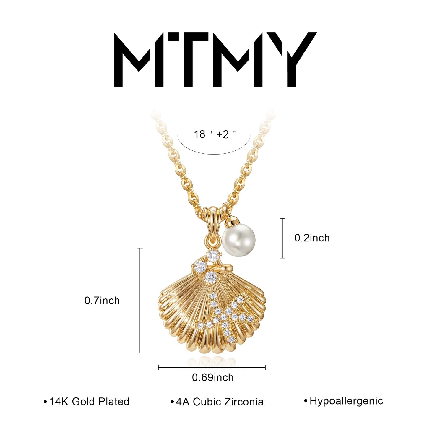 MTMY Gold Starfish Necklace 14K Gold Plated Shell Conch Ocean Pendant Necklace for Women Beach Summer Jewelry (pearl seashell)