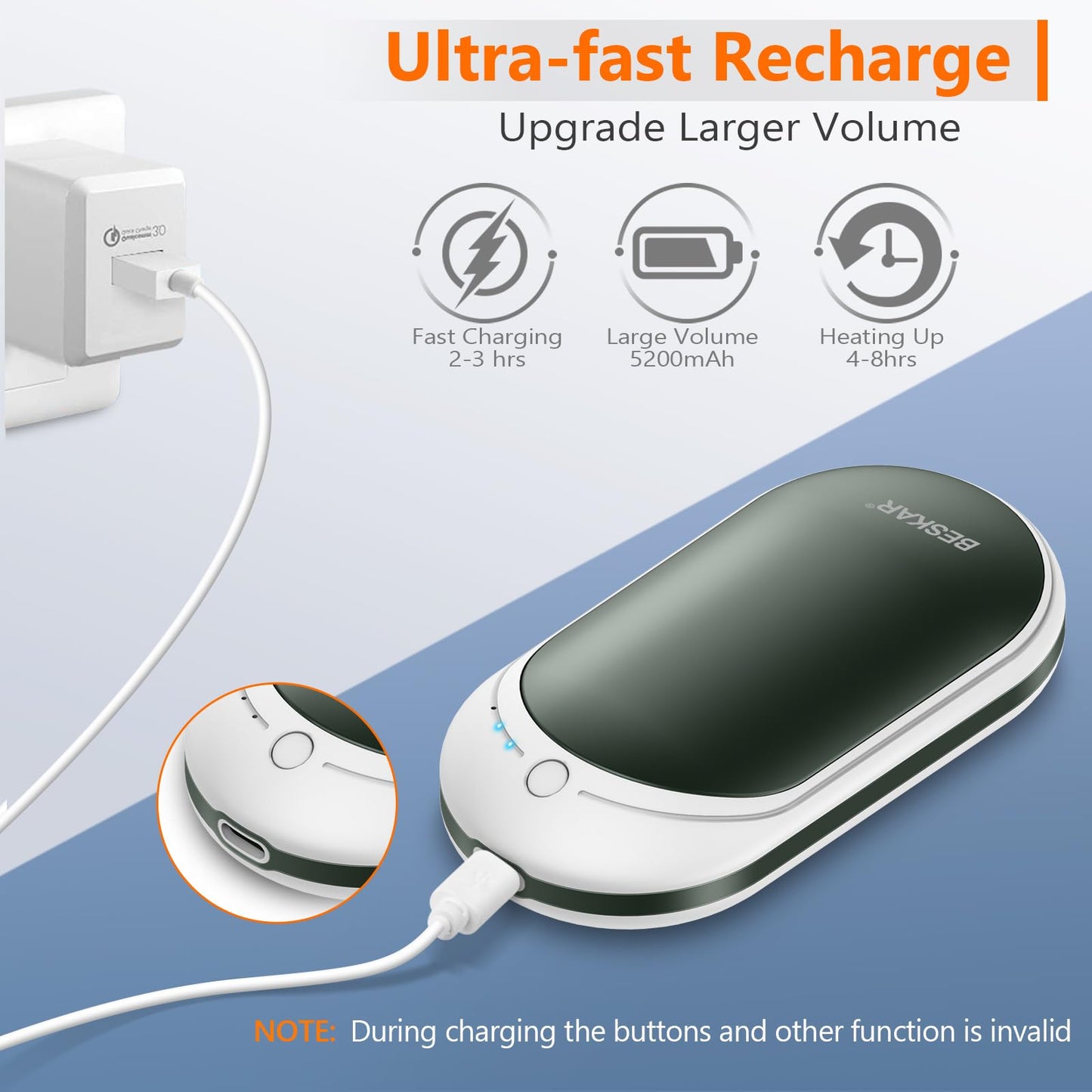 BESKAR Rechargeable Hand Warmer, 5200mAh Electric Hand Heater