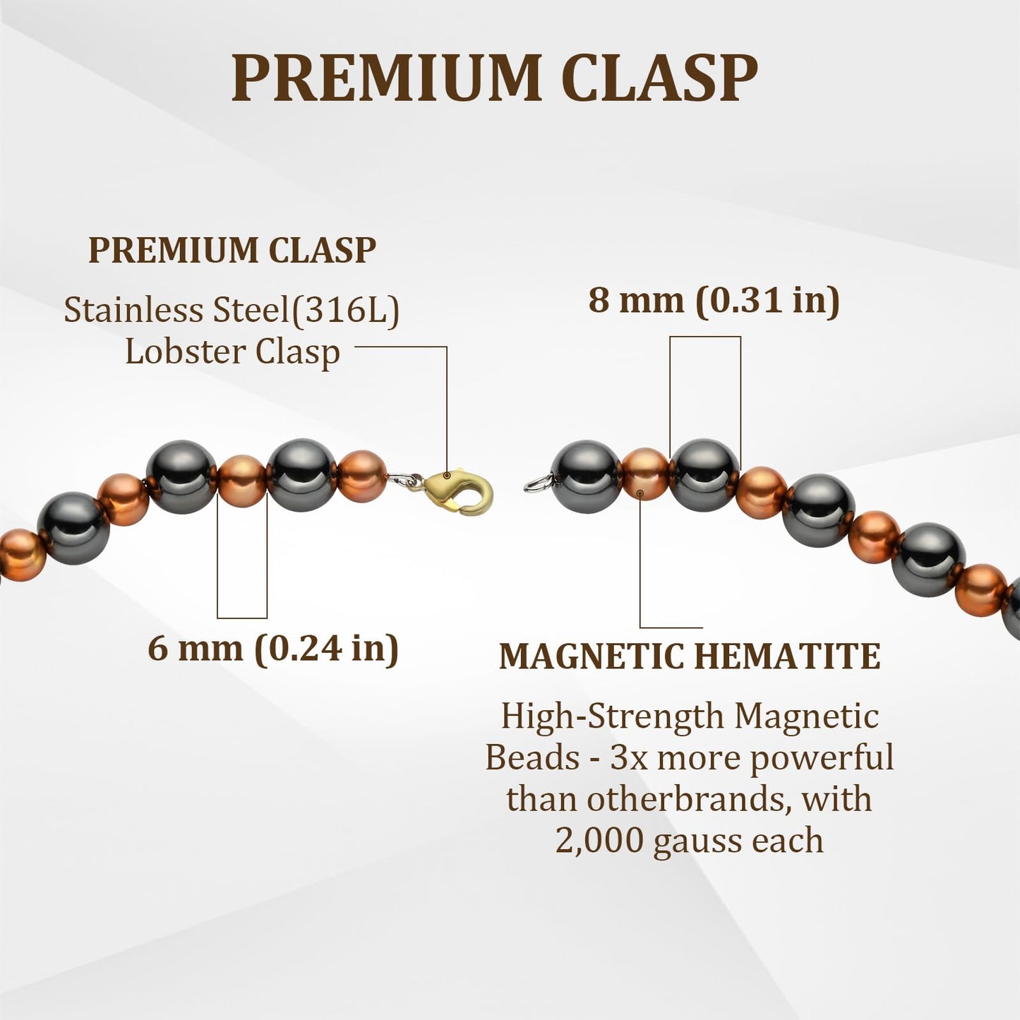 Fashtour Magnetic Hematite for Men and Women, 8MM and 6MM Magnetic Hematite with 6MM and 4MM Pure Copper, 53CM Handmade Energy (CN-Large)