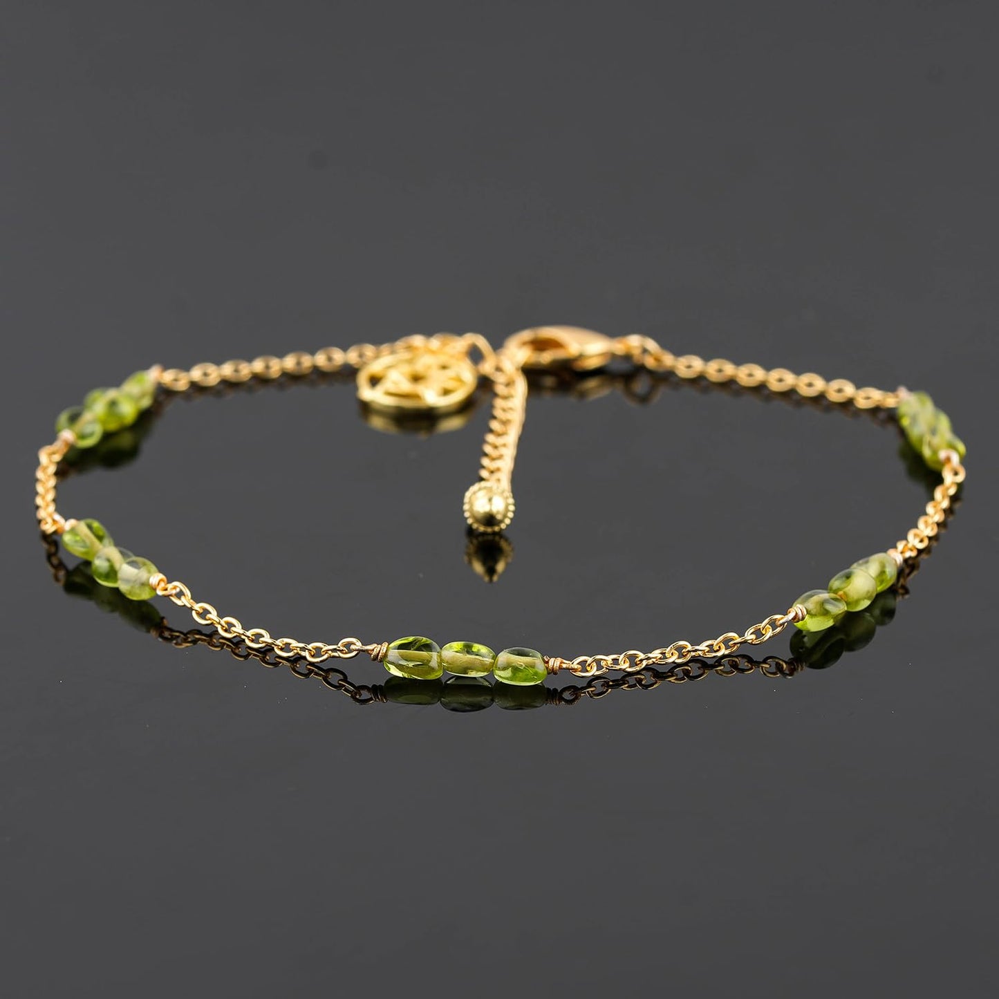 CRYSTALINES Natural Peridot Gemstone Nuggets Beads, Handmade Station Dangle Star Charms Anklet, 14K Gold Plated, Adjustable Fashion Boho Jewelry for Women, Healing Crystals, Christmas Gift