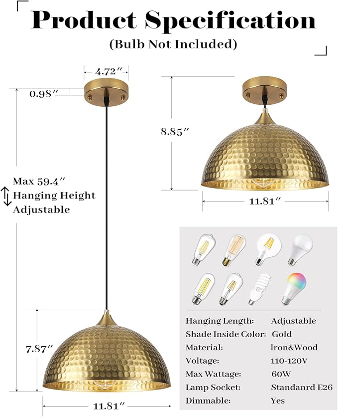 Gold Pendant Lights Kitchen Island 2 Pack, 12 Inch Hammered Dome Pendant Light, Farmhouse Kitchen Pendant Lights, Industrial Hammered Pendant Light for Kitchen, Dining Room, Barn