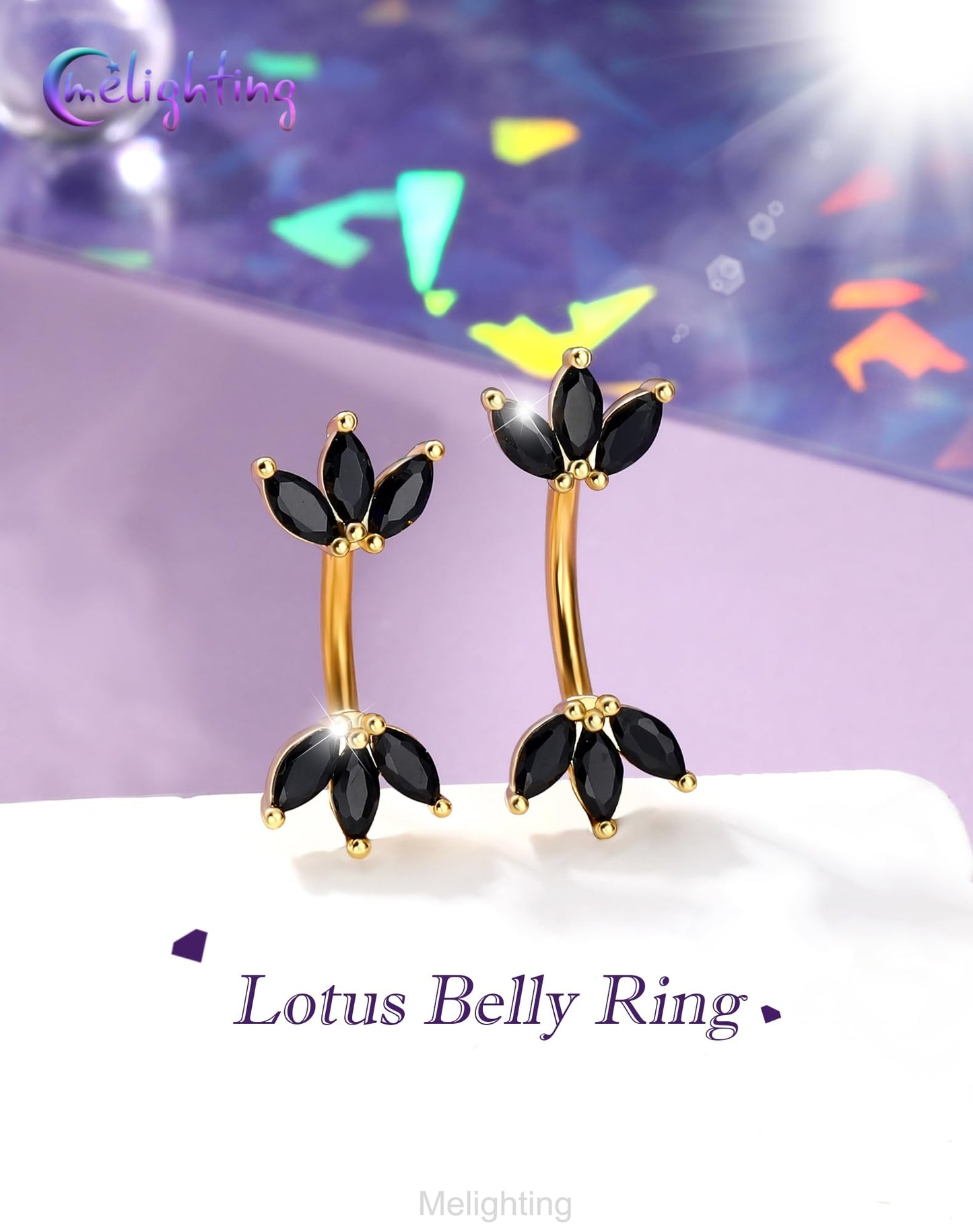 Melighting 14G Gold Lotus Belly Button Ring, Black CZ Navel Ring 316L Surgical Stainless Steel Marquise 5A CZ Belly Bar 8 mm