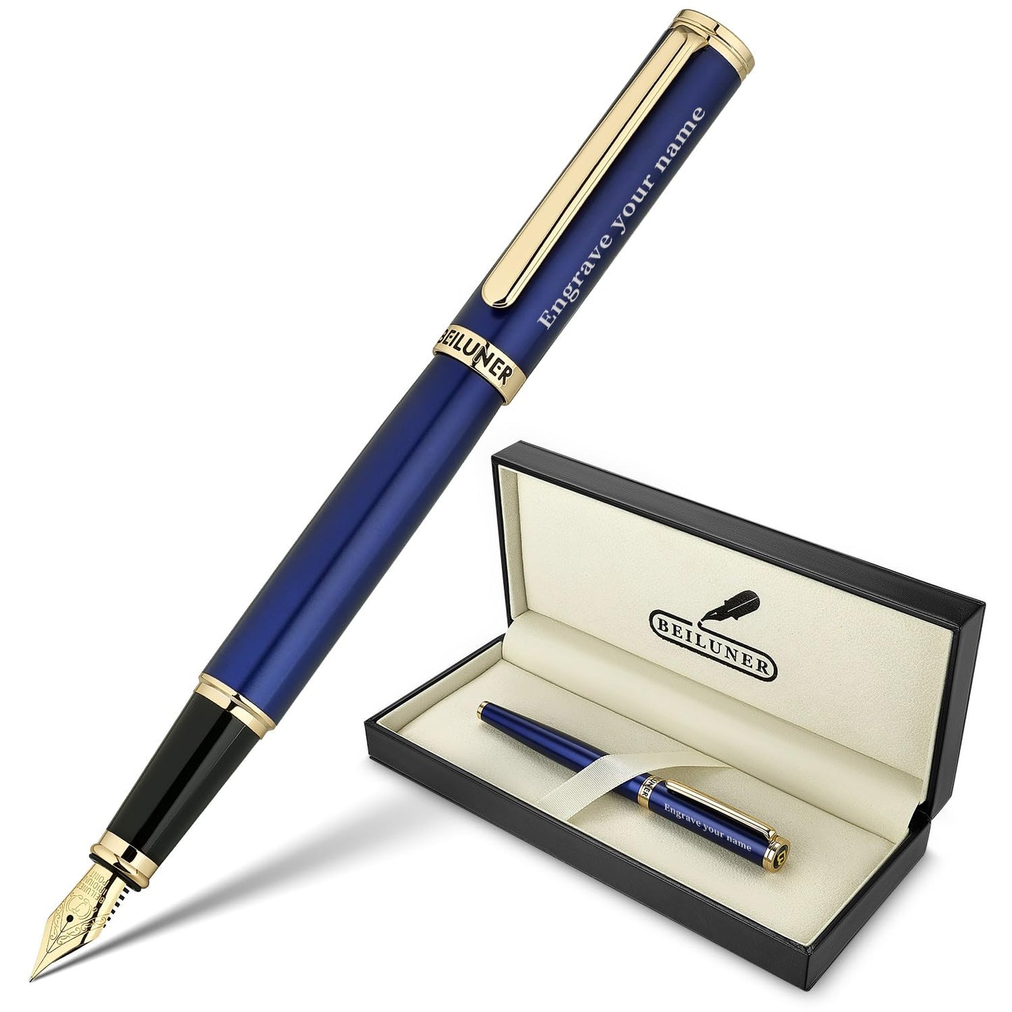 BEILUNER Blue Personalized Fountain Pen,Stunning Luxury Lacquer,24K Gilded Nib(Fine),Gorgeous 24K Gold Finish, Ink Converter,Fancy Gift for Men&Women-Elegant, Graduation,Nice Pens for Writing