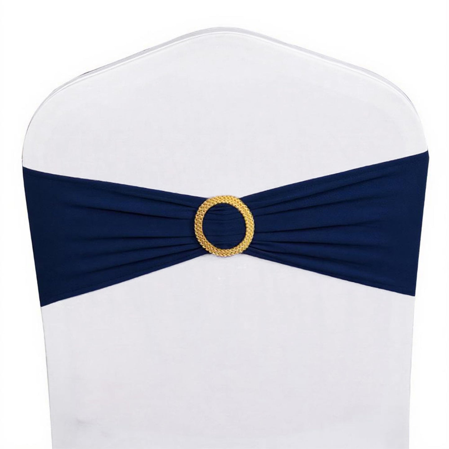 Pack of 50 Spandex Navy Blue Chair Sashes with Gold Buckles, Stretch Chairs Sashes for Wedding Party Baby Shower Ceremony Event Decorations Chair Bands Bows (Navy Blue Sashes, Gold Buckles)