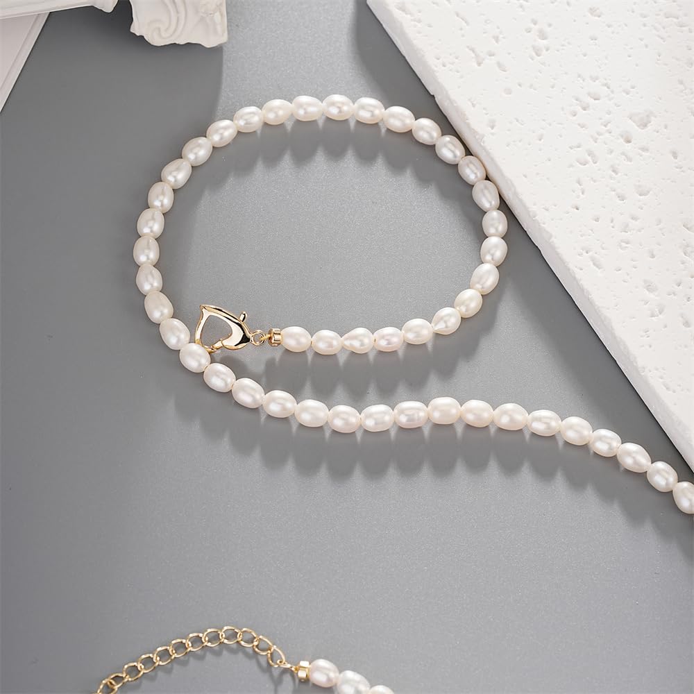 JaruJaru 4mm Handmade Rice Pearl Necklace for Women, Small Oval Freshwater Pearl Strand, Essential Minimalist Jewelry, 16-18 Inch Adjustable