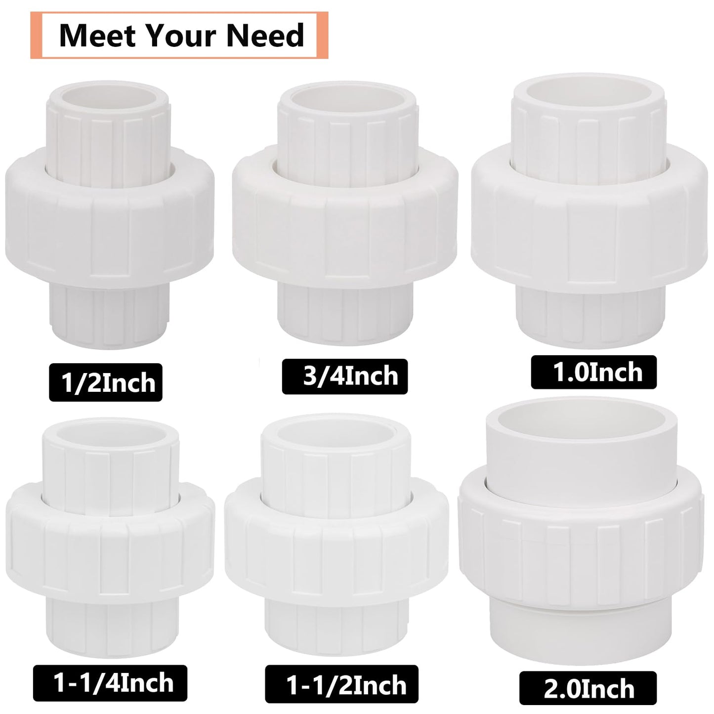 2Pcs 1-1/2" PVC Union Coupling Pipe Fitting (Socket x Socket) 1.5Inch PVC Slip Union PVC Adapter Coupling Schedule 40, EPDM O-Ring, White