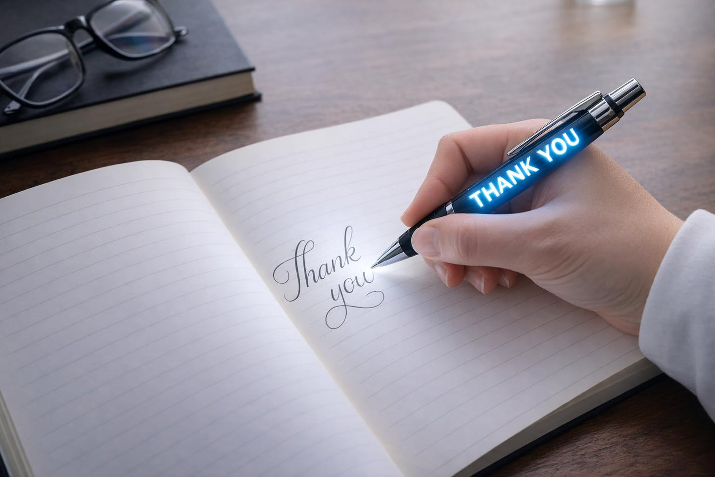 AKM Collection Light Up Thank You Pen – LED Engraved Ballpoint Pen in Gift Box, Elegant Appreciation Gift for Teachers, Coworkers, Friends (Chrome)