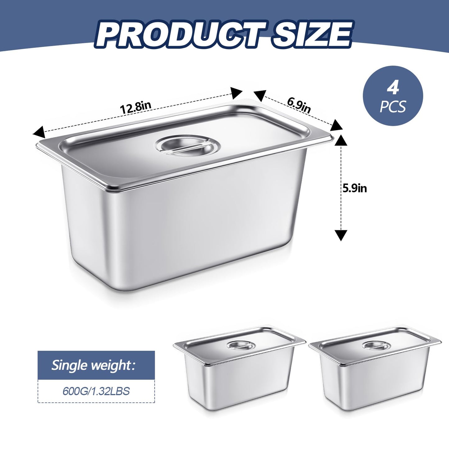 Mifoci 4 Pack Stainless Steam Hotel Pan with Lid, 1/3 Size x 6 Inch Deep Table Steam Pan Restaurant Supplies Reusable Anti Rust Catering Storage for Home, Party, Restaurant, Hotel, Buffet