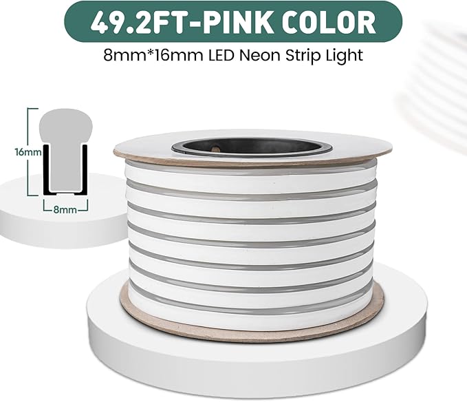 GZBtech Flexible LED Neon Rope Lights 50FT,AC 110-120V Waterproof Strip Light, 120 LEDs/M Cuttable Connectable Neon Lighting for Indoor Outdoor Home Decor/Commercial Building Use-Pink 15M, ETL Listed