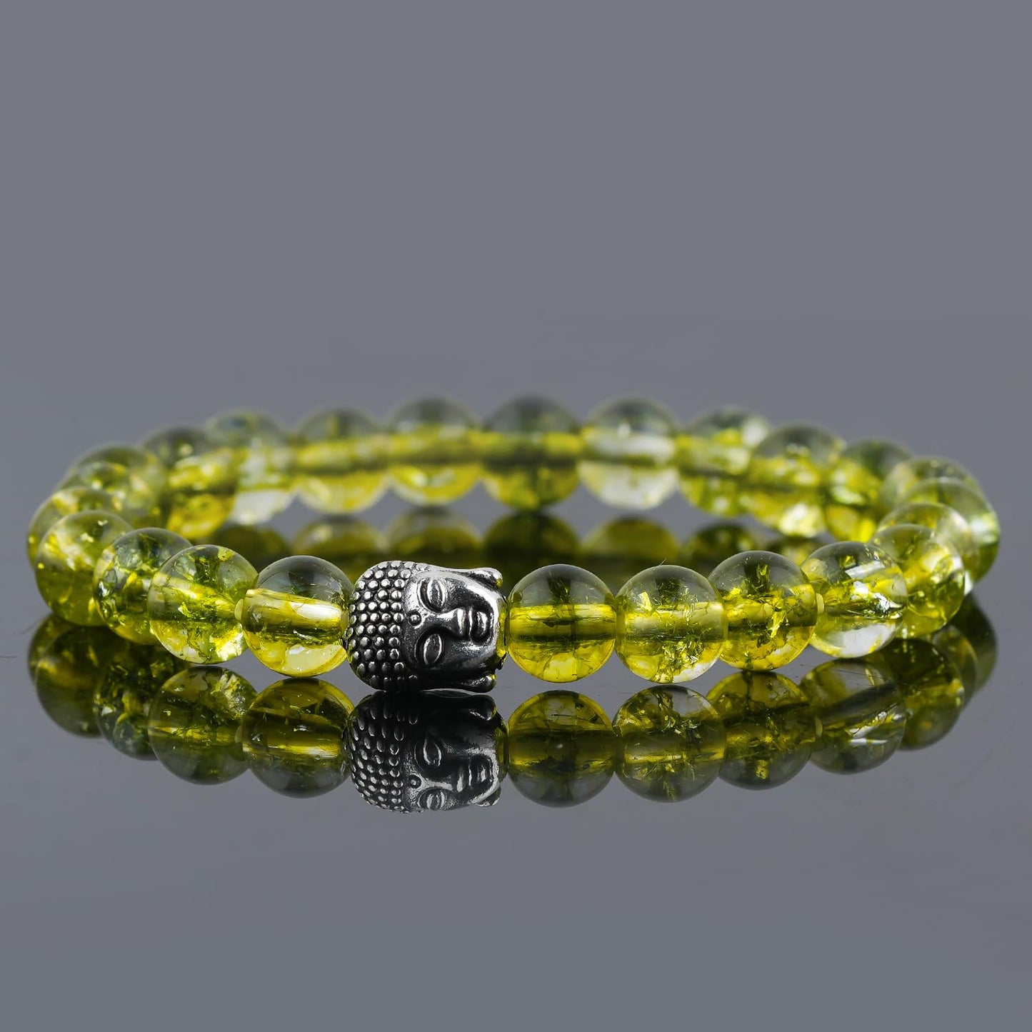 CRYSTALINES Buddha Charm Stretchable Braceclet, Green Peridot Crystal Beads, Plain Round Stones, Handmade Boho Strech Bracelet, Adjustable Spiritual Healing Crystal Unisex Jewelry Gift