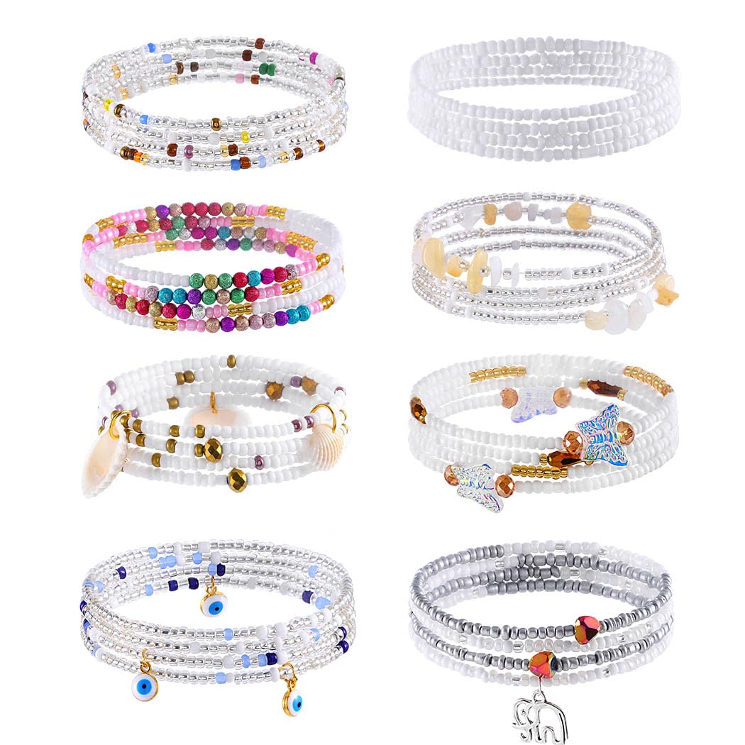 ELABEST 24-39inch African Waist Beads for Women 8Pcs Elastic Belly Beads Colorful Beaded Waist Jewelry Accessories Body Chain (White, 23.6inch/60cm)