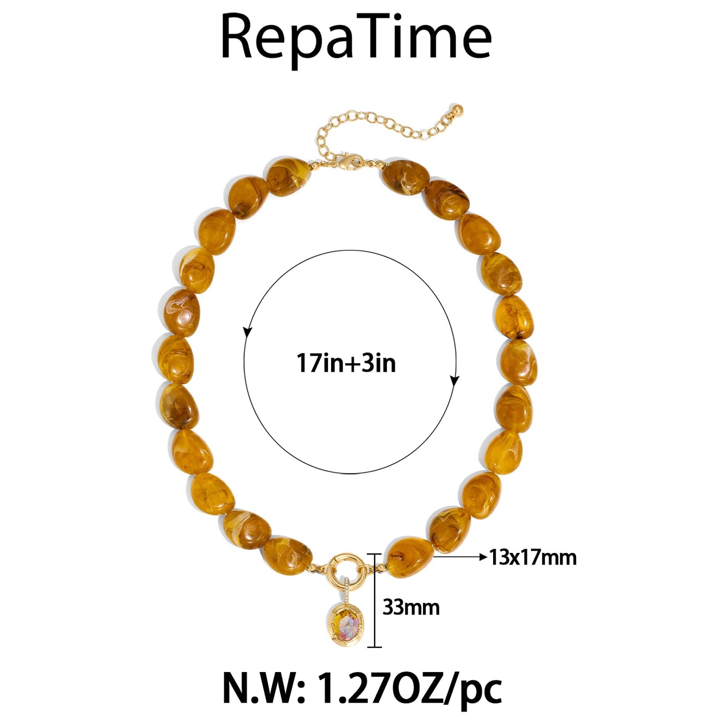 Vintage Amber Acrylic Beaded Necklace for Women, 14K Gold Plated Statement Necklace with Cubic Zirconia Pendant, Boho Chunky Resin Choker Necklace, Retro Chunky Necklaces for Wedding Party Prom Jewelry Gifts